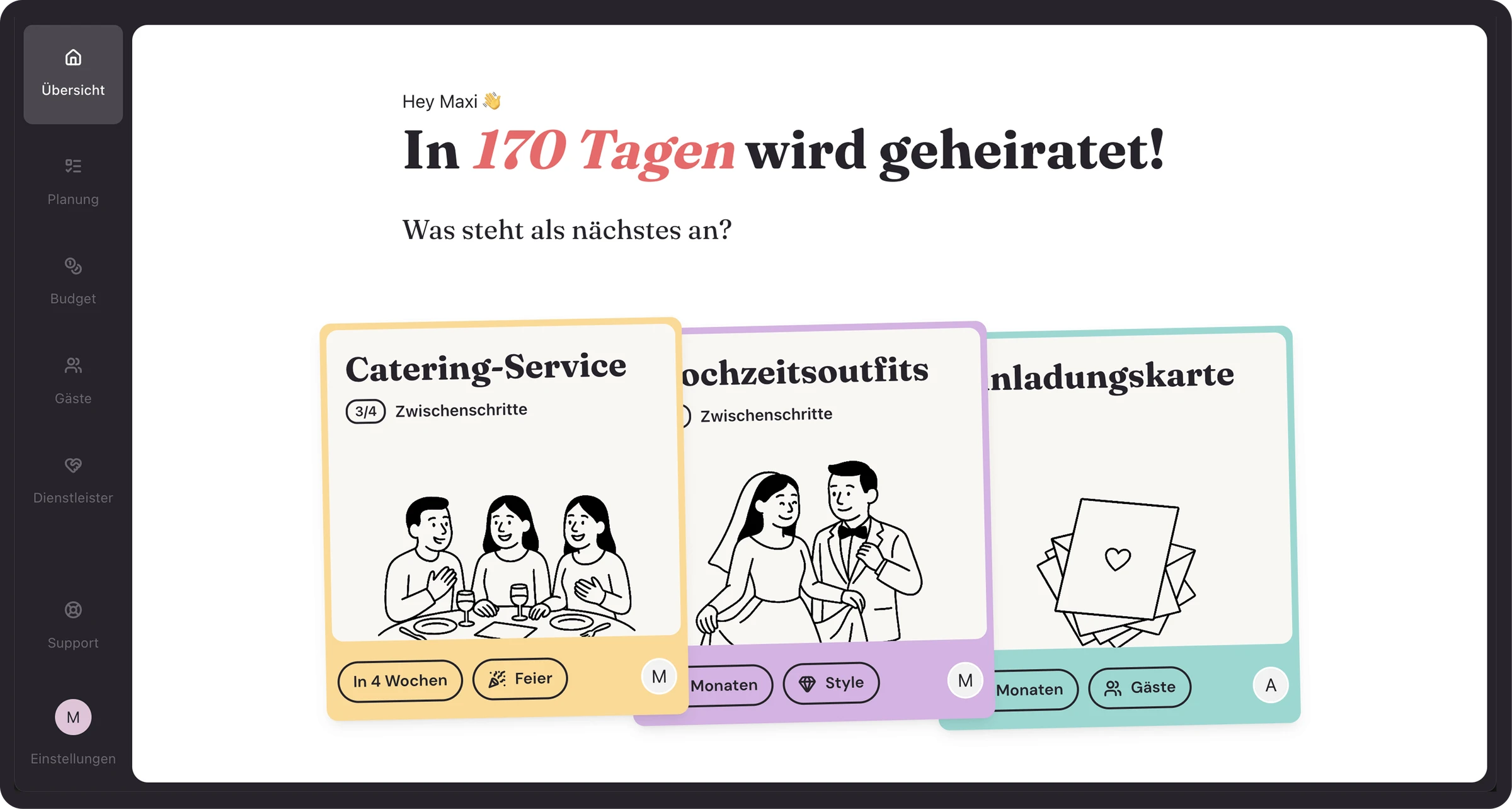 Screenshot der WeddingCoach App: Übersicht der Hauptfunktionen