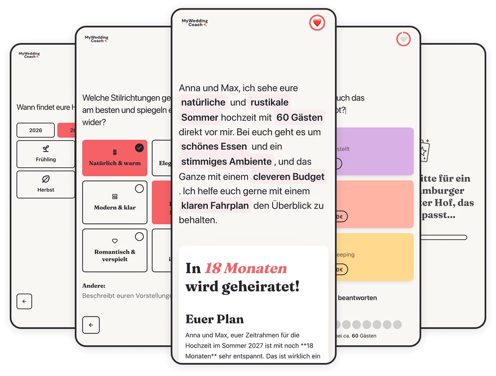 Screenshot der WeddingCoach App: Startbildschirm mit Leitfaden-Erstellung