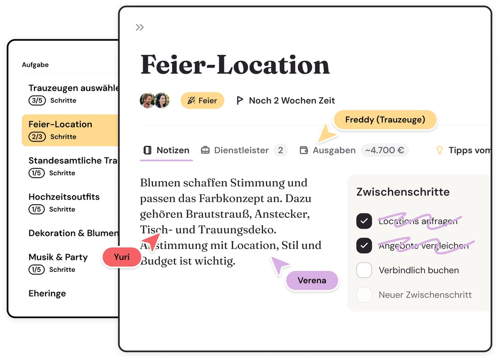 Screenshot der WeddingCoach App: Sicherheitsnetz mit Aufgaben-Status und Erinnerungen